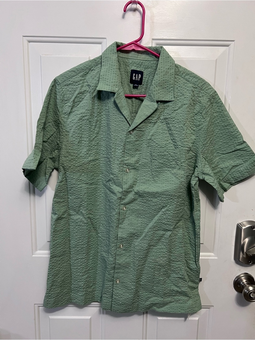 GAP Men’s Seersucker Camp Shirt Granite Green Short Sleeve Button Up M NWT